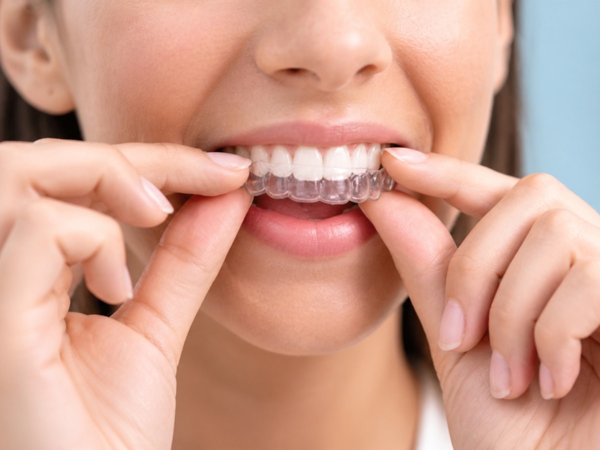Woman adjusting clear dental aligners on teeth — Clear Aligner Orthodontics at Hooper, Too Family Dentistry